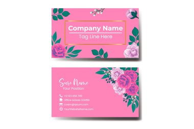 Anemone Çiçeği 'yle iş kartı şablonu Rose. Çift taraflı mavi renkler. Düz Tasarım Vektör Çizimi. Kırtasiye Tasarımı