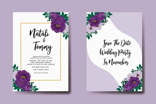 stock vector Wedding invitation frame set, floral watercolor Digital hand drawn Purple Peony Flower design Invitation Card Template