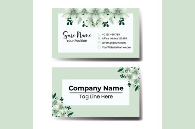 İş kartı şablonu: Beyaz zambak çiçeği. Çift taraflı mavi renkler. Düz Tasarım Vektör Çizimi. Kırtasiye Tasarımı