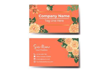 İş kartı şablonu: Portakallı Dahlia Çiçeği. Çift taraflı Turuncu Renkler. Düz Tasarım Vektör Çizimi. Kırtasiye Tasarımı