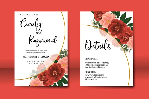 Hochzeitseinladung Rahmenset Florales Aquarell Digitale Handgezeichnete Rote Kamelie Blumendesign Einladungskarte — Stockvektor
