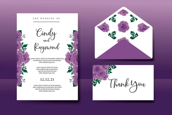 stock vector Wedding invitation frame set, floral watercolor Digital hand drawn Purple Rose Flower design Invitation Card Template