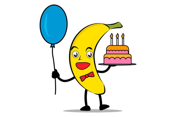 Μπανάνα Cartoon Μασκότ Χαρακτήρα Κρατώντας Μπαλόνια Και Τούρτα Γενεθλίων Στην — Διανυσματικό Αρχείο