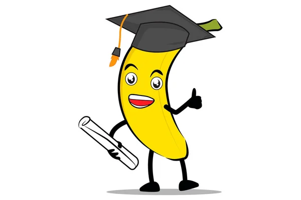 バナナ漫画のマスコットやキャラクター卒業証書を保持し 卒業でトガを身に着けている — ストックベクタ