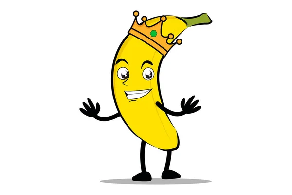 Banán Karikatura Maskot Nebo Postava Jako Král Nosí Královskou Korunu — Stockový vektor
