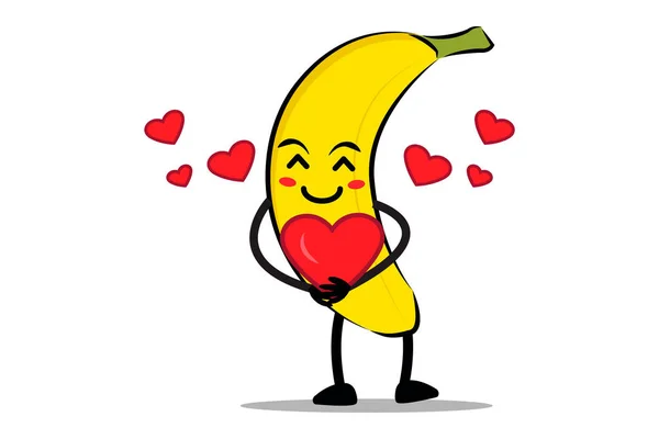 Banana Cartoon Mascotte Personaggio Abbracciare Cuore Pieno Amore — Vettoriale Stock
