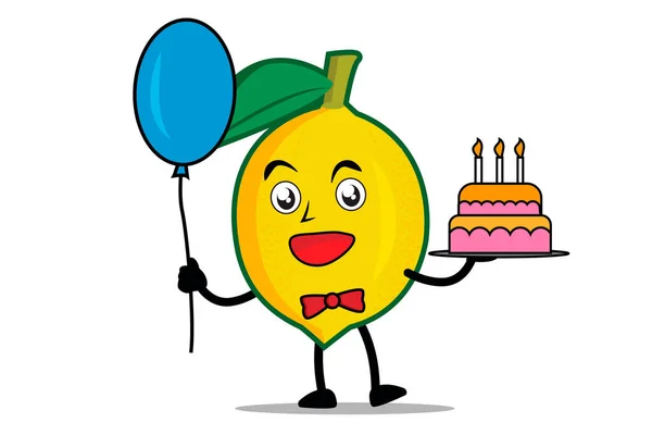 レモン漫画のマスコットやキャラクターが誕生日のお祝いイベントで風船や誕生日ケーキを保持 — ストックベクタ