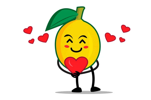 Lemon Cartoon Mascotte Personaggio Abbracciare Cuore Pieno Amore — Vettoriale Stock