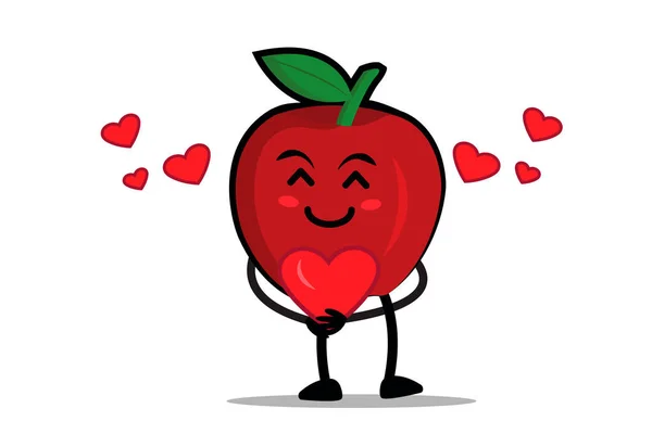 Apple Cartoon Mascotte Personaggio Abbracciare Cuore Pieno Amore — Vettoriale Stock