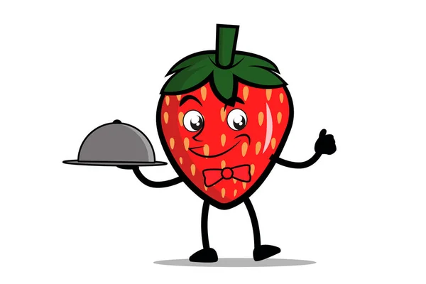 Φράουλα Cartoon Μασκότ Χαρακτήρα Σερβιτόρα Κρατώντας Ένα Πιάτο Σερβιρίσματος — Διανυσματικό Αρχείο