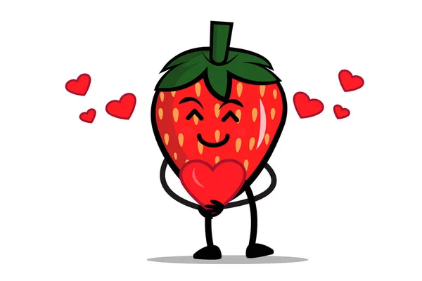 Φράουλα Cartoon Μασκότ Χαρακτήρα Αγκαλιάζει Μια Καρδιά Γεμάτη Αγάπη — Διανυσματικό Αρχείο