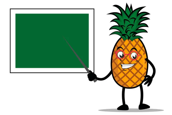 Ananas Karikatura Maskot Nebo Postava Jako Učitel Výuka Pomocí Tabule — Stockový vektor
