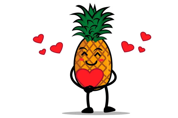 Ananas Cartoon Mascotte Karakter Knuffelen Een Hart Vol Liefde — Stockvector