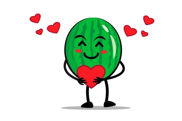 Watermeloen Cartoon Mascotte Karakter Knuffelen Een Hart Vol Liefde — Stockvector