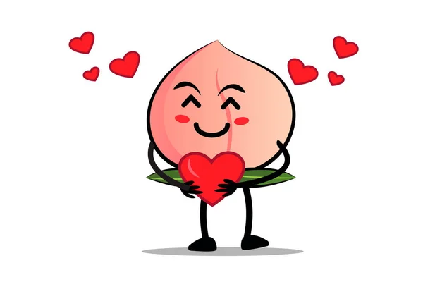 Peach Cartoon Μασκότ Χαρακτήρα Αγκαλιάζει Μια Καρδιά Γεμάτη Αγάπη — Διανυσματικό Αρχείο