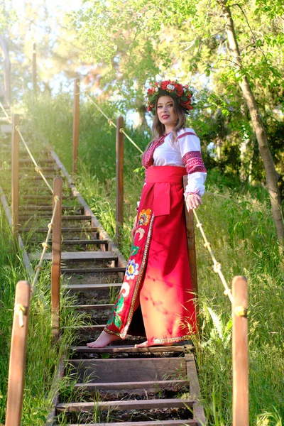 公園の木の階段にウクライナの国民服で美しい女の子 — ストック写真