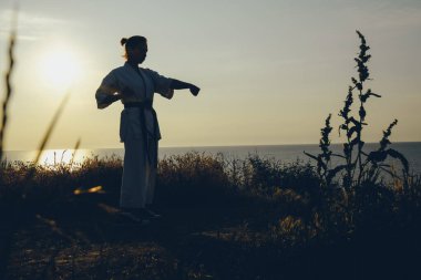 Doğan güneşin arka planına el vuruşu yapan bir karateka kızının silueti. Dövüş sanatları konsepti - karate, kung fu, tekvando.