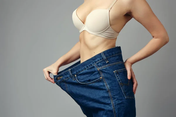 Thinner Girl Jeans Have Become Huge Her Weight Loss Concept — Stock Photo, Image