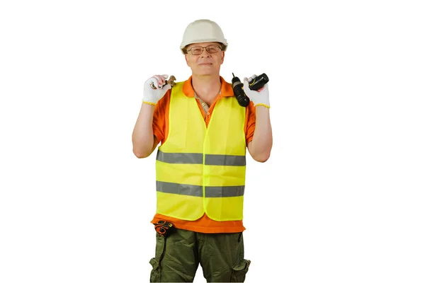 Trabalhador Homem Anos Uniforme Chapéu Duro Com Ferramentas Isolado Num — Fotografia de Stock