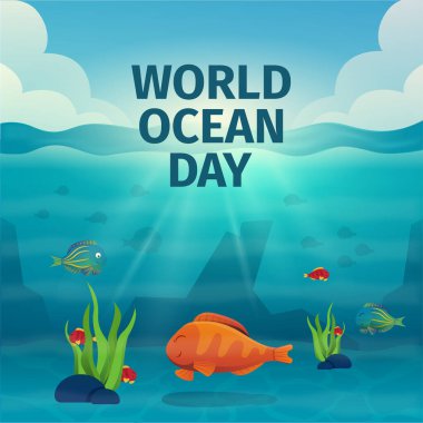 Illustration World Oceans Day, Sucul ve Doğal Yaşamı Koruyun Okyanusta, Şirin Çizgi Film Karakteri. Su altı güneş ışınlarıyla gerçekçi bir deniz manzarası.