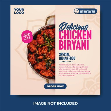 Lezzetli Hint yemeği menüsü ve tavuk biryani sosyal medya paylaşımı ve web afişi şablonu