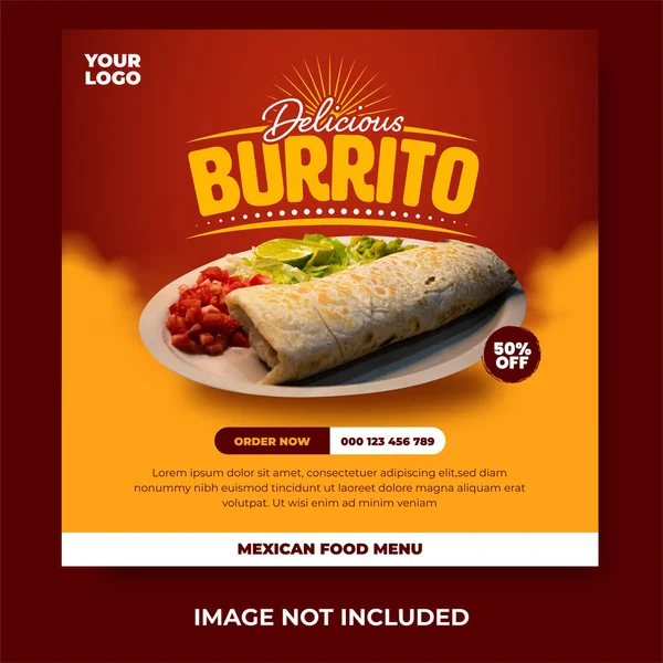 Delicious Burrito Mexican Food Menu Social Media Post Design Template — Stock Vector