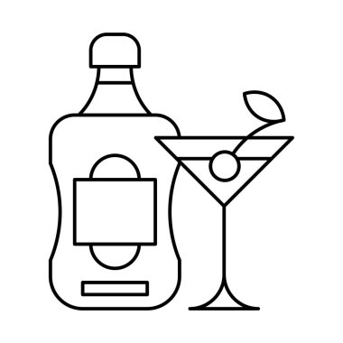 Şişeli kokteyl ve cam vektör çizgisi simgesi, ana çizgi işareti, beyaz arkaplanda izole edilmiş.
