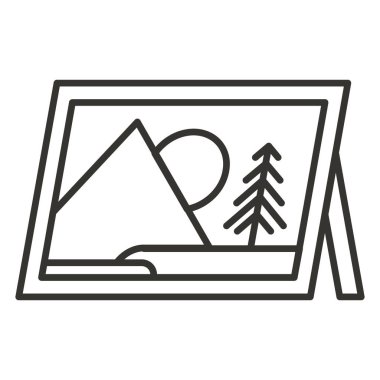 Orman ikonu, orman ve orman olan dağ kampı ormanı, dağ orman işareti, vektör grafikleri, beyaz arka planda doğrusal bir desen,
