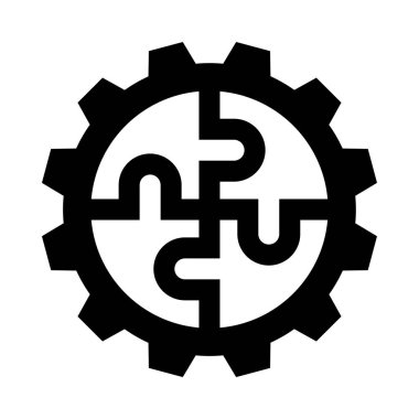 Dişli tekerli siyah beyaz bir logo.