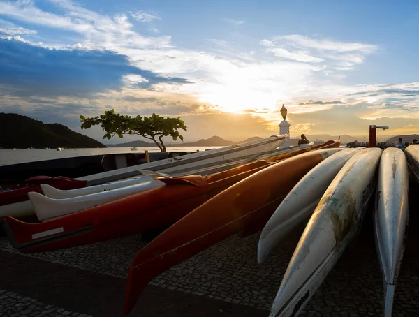 Hawaiian Canoes City Santos Sunset — Stock Photo, Image