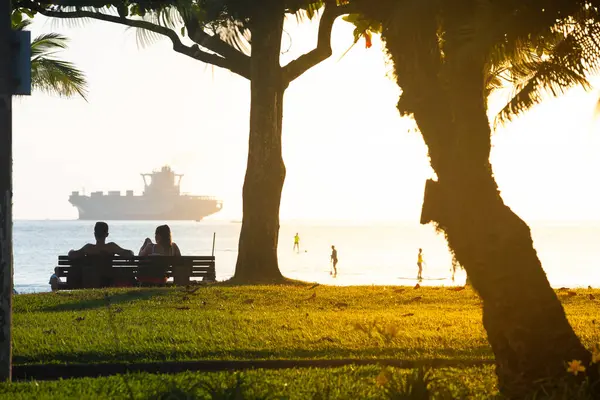 Santos Brazylia Stycznia 2019 Para Siedząca Ogrodzie Plaży Santos Obserwująca Zdjęcie Stockowe