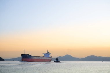 Bir römorkör eşlik ederken yük gemisi Santos limanına giriyor..