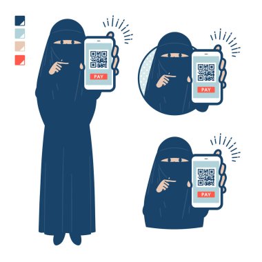Akıllı telefon görüntülerine nakitsiz ödeme yapan bir niqab giyen müslüman kadın. Bu vektör sanatı, yani montajlaması kolay..