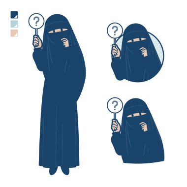 Müslüman bir kadın niqab takıyor ve soru paneli görüntüsü koyuyor. Bu vektör sanatı, yani montajlaması kolay..