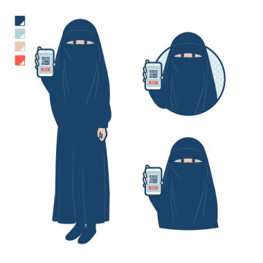 Akıllı telefon görüntülerine nakitsiz ödeme yapan bir niqab giyen müslüman kadın. Bu vektör sanatı, yani montajlaması kolay..