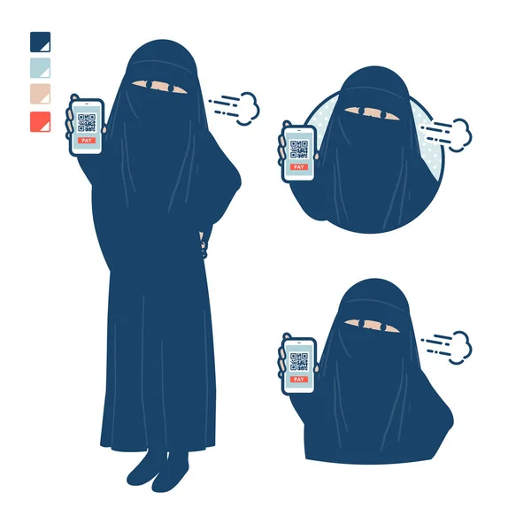 Seorang Wanita Muslim Mengenakan Niqab Dengan Pembayaran Tanpa Tunai Pada - Stok Vektor