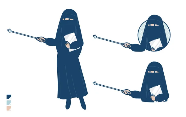 Muzułmanka Nosząca Niqab Wyjaśnieniem Obrazami Kija Wskazującego Sztuka Wektorowa Więc — Wektor stockowy