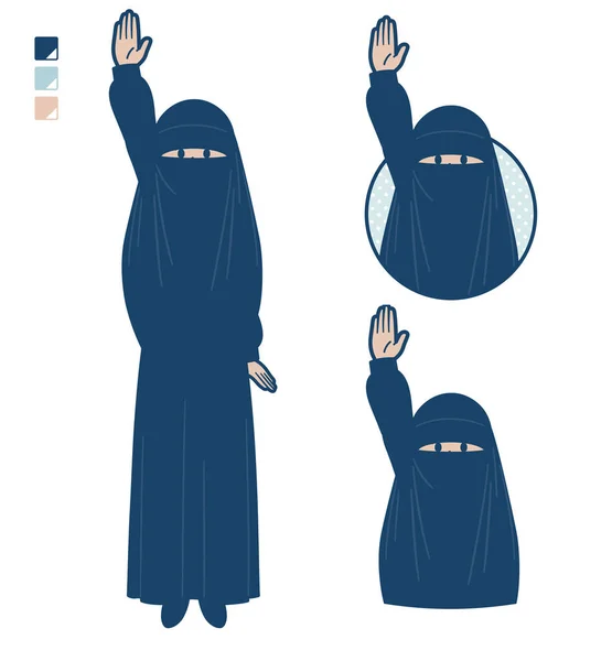 Uma Mulher Muçulmana Vestindo Niqab Com Imagens Mão Elevadas Arte — Vetor de Stock