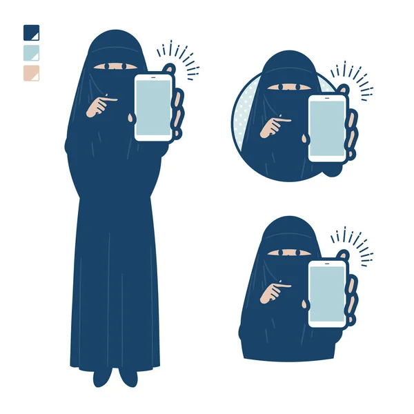 Seorang Wanita Muslim Mengenakan Niqab Dengan Menawarkan Images Smartphone Seni - Stok Vektor