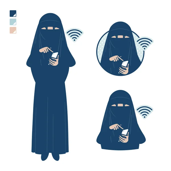 Seorang Wanita Muslim Mengenakan Niqab Dengan Operate Smartphone Images Seni - Stok Vektor