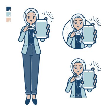 Akıllı telefon görüntüsü sunan sıradan bir Arap kadın. Bu vektör sanatı. Düzenlemesi kolay..