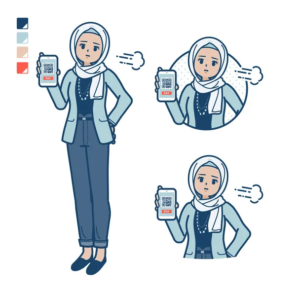 一个阿拉伯女人 穿便服 在智能手机上无现金支付 麻烦图片 这是矢量艺术 所以编辑起来很容易 — 图库矢量图片