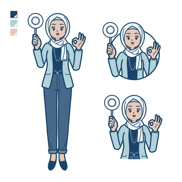 一个阿拉伯女人 穿着休闲装 带着一个圆形的面板图 它是矢量艺术 所以很容易编辑 — 图库矢量图片