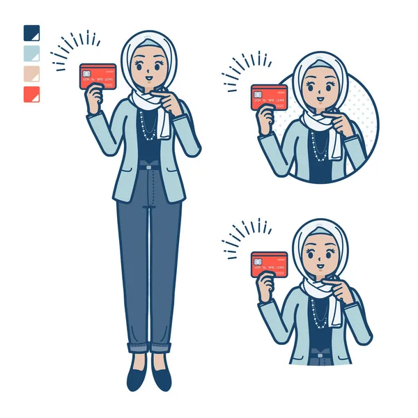 一个阿拉伯女人 随意地指着信用卡图片 它是矢量艺术 所以很容易编辑 — 图库矢量图片