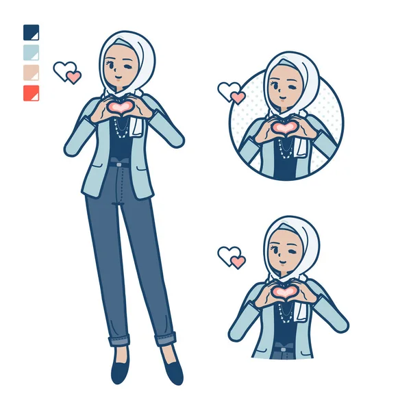 一个随和的阿拉伯女人 用手绘心形符号 它是矢量艺术 所以很容易编辑 — 图库矢量图片