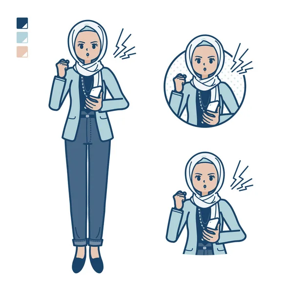 一个随和的阿拉伯女人 拿着智能手机和愤怒的画面 这是矢量艺术 所以编辑起来很容易 — 图库矢量图片