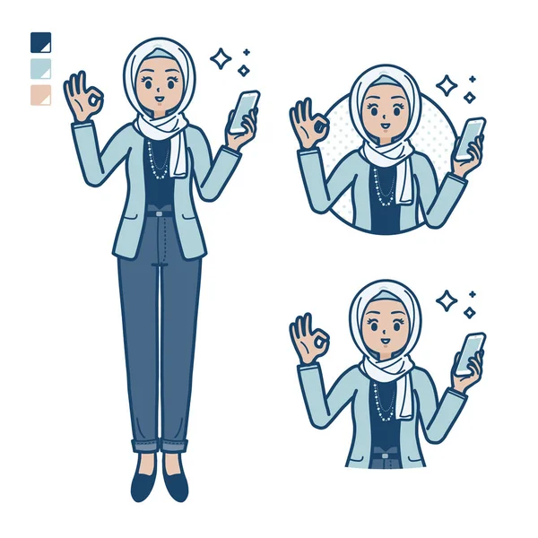 一个阿拉伯女人 随和地拿着智能手机 做一个好的手势图片 这是个矢量艺术 所以编辑起来很容易 — 图库矢量图片