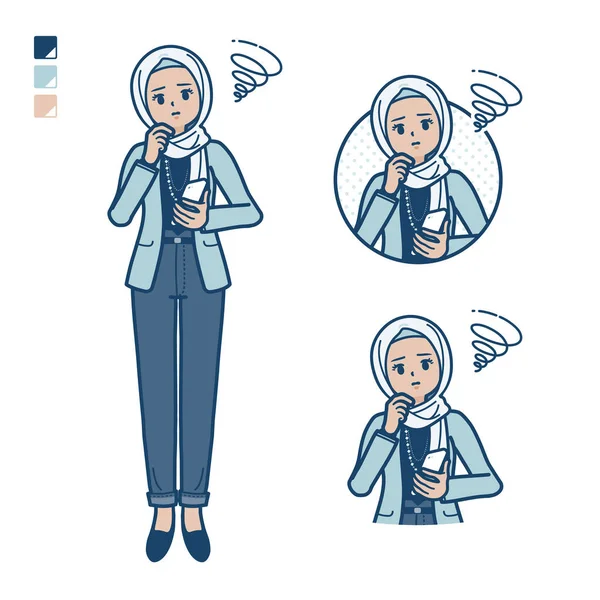 一个随和的阿拉伯女人 带着智能手机和混乱的图片 这是个矢量艺术 所以很容易编辑 — 图库矢量图片