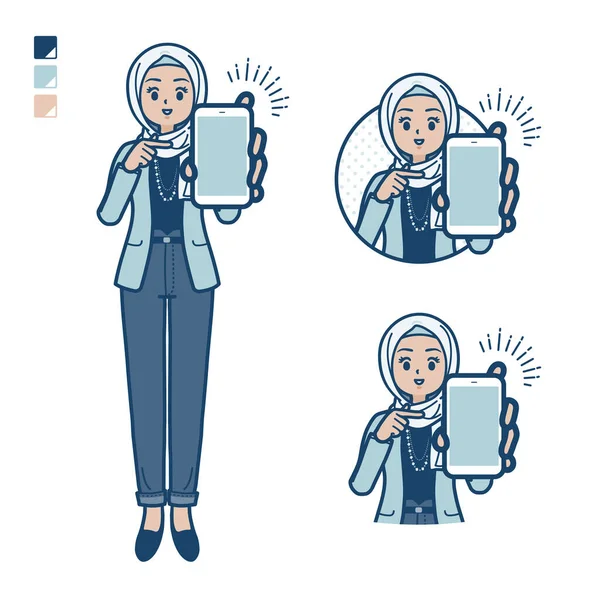 一个阿拉伯女人 带着智能手机形象随意地展示 这是个矢量艺术 所以编辑起来很容易 — 图库矢量图片