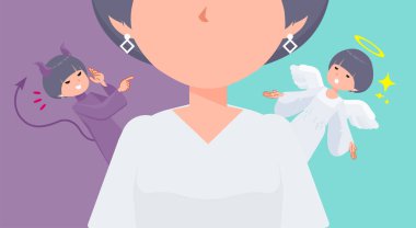 Bir grup tişört, bir melek ve şeytan arasında boğuşan tüylü kadın. Yönlendirici sanatı düzenlemek çok kolay..